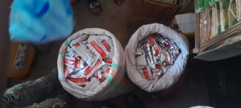 Sacks filled with RUTF (Ready-to-Use Therapeutic Food) sachets for malnourished children in South Sudan
