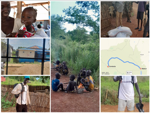 Photo collage of the Pesabase RUTF mission: children in Maiwut, the relief center, the route map and Buay on the road