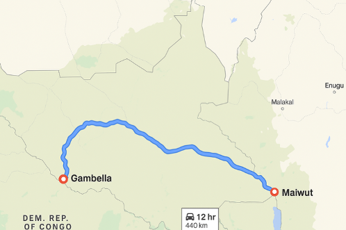 Map of the 440 km route from Gambella, Ethiopia, to Maiwut, South Sudan